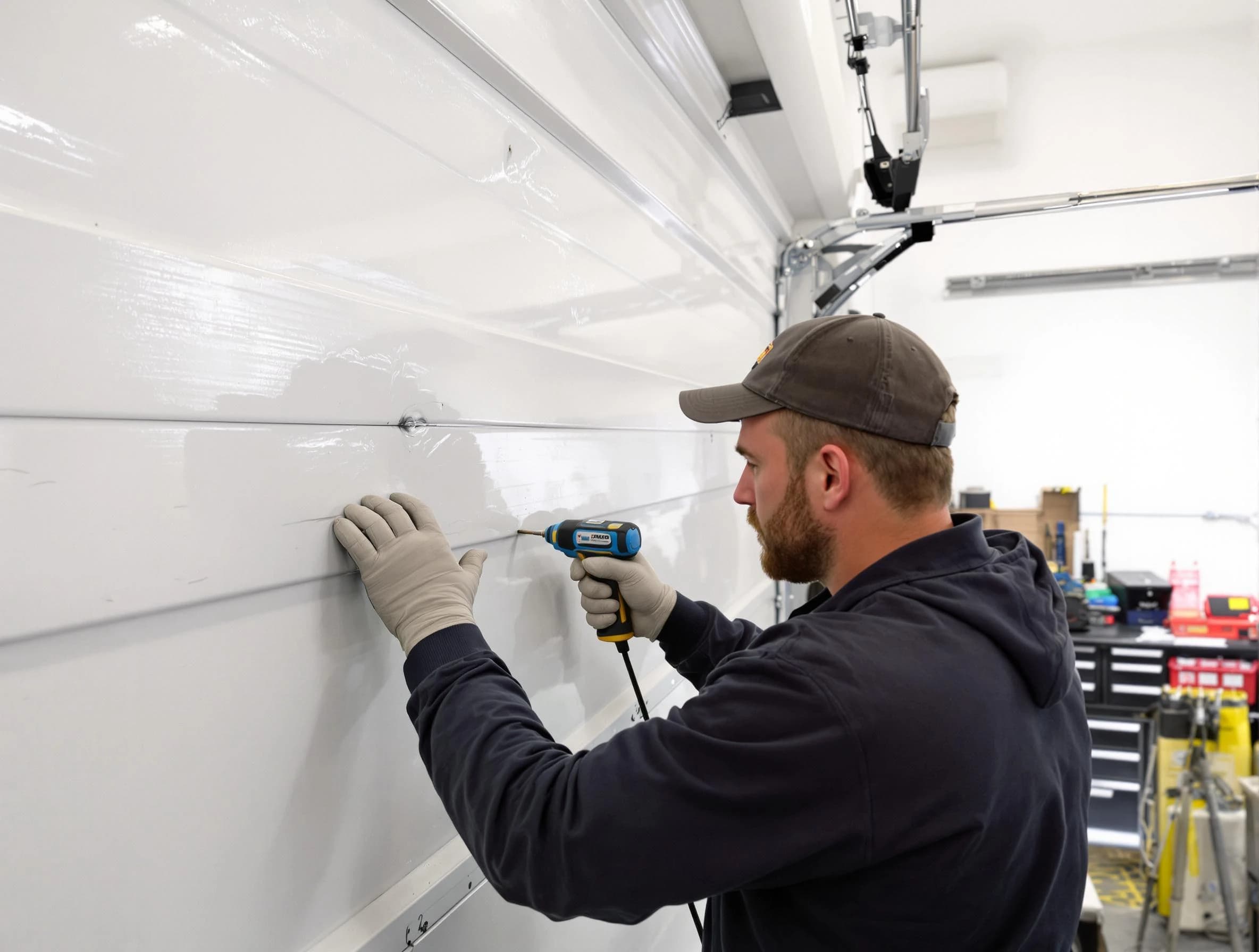 Loveland Garage Door Repair technician demonstrating precision dent removal techniques on a Loveland garage door